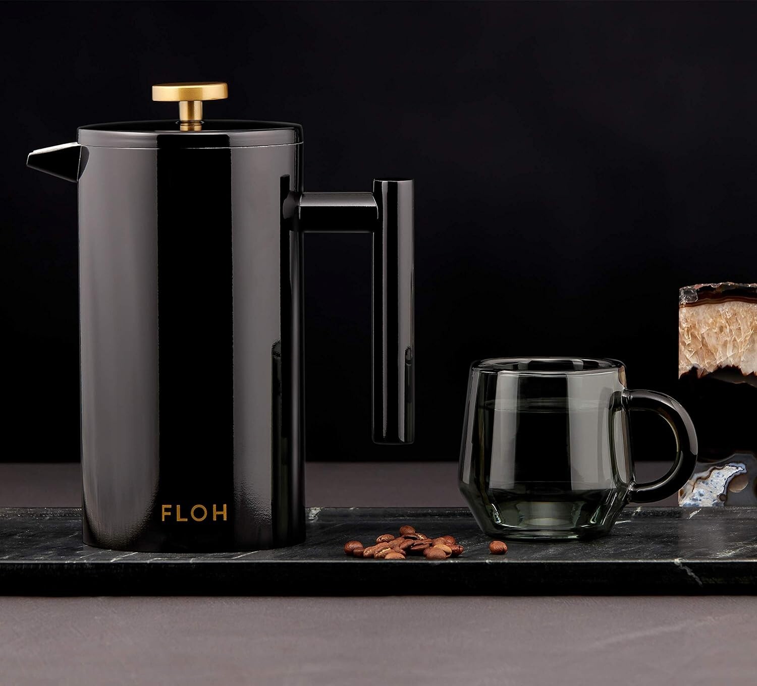 Premium Insulated Stainless Steel French Press - Black Gloss - Sleek - Gold