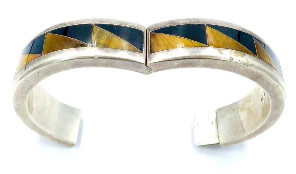 Vintage Taxco Mexico TN-207 CRYS 950 Sterling Silver Bangle Tiger Eye Black Onyx - Image 3 of 4
