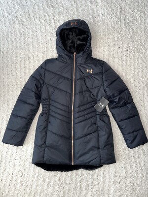 NWT Under Armour Willow Puffer Jacket Big Girls Size XL Black/Rose Gold Metallic