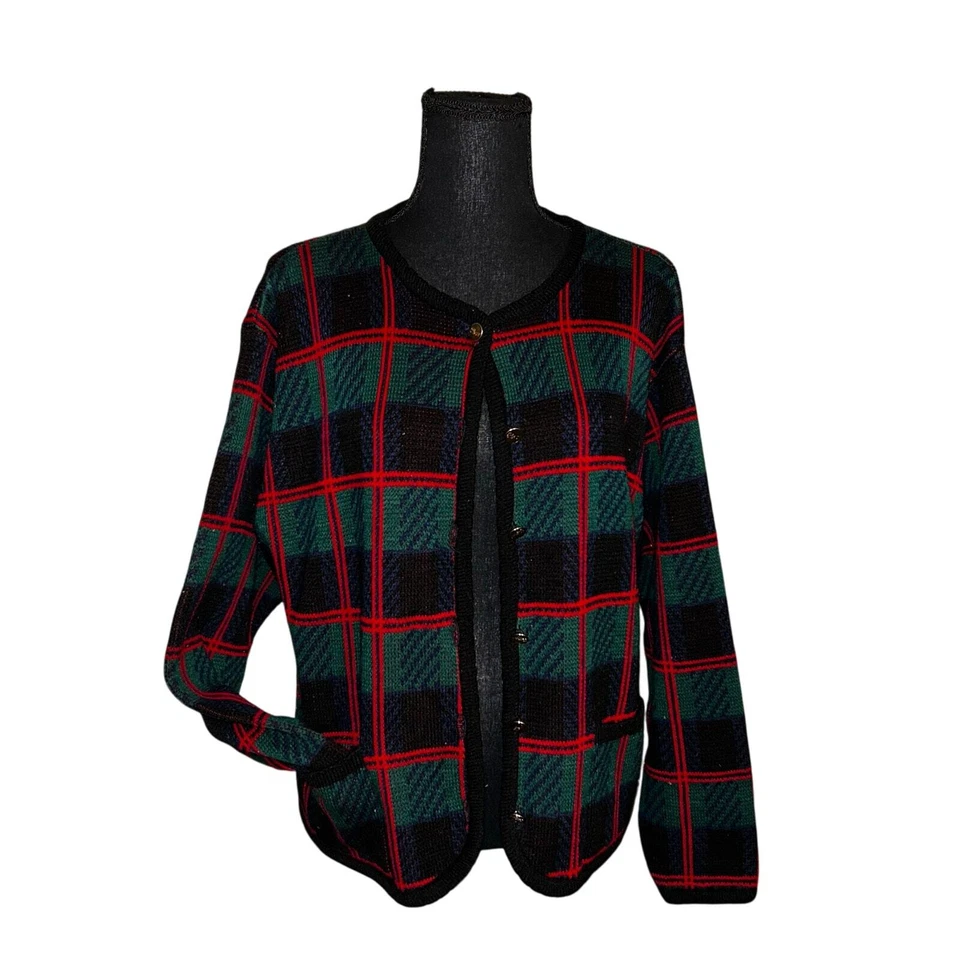 Cárdigan suéter vintage a cuadros con botones delanteros Tally Ho para mujer XL Foto 2 de 4