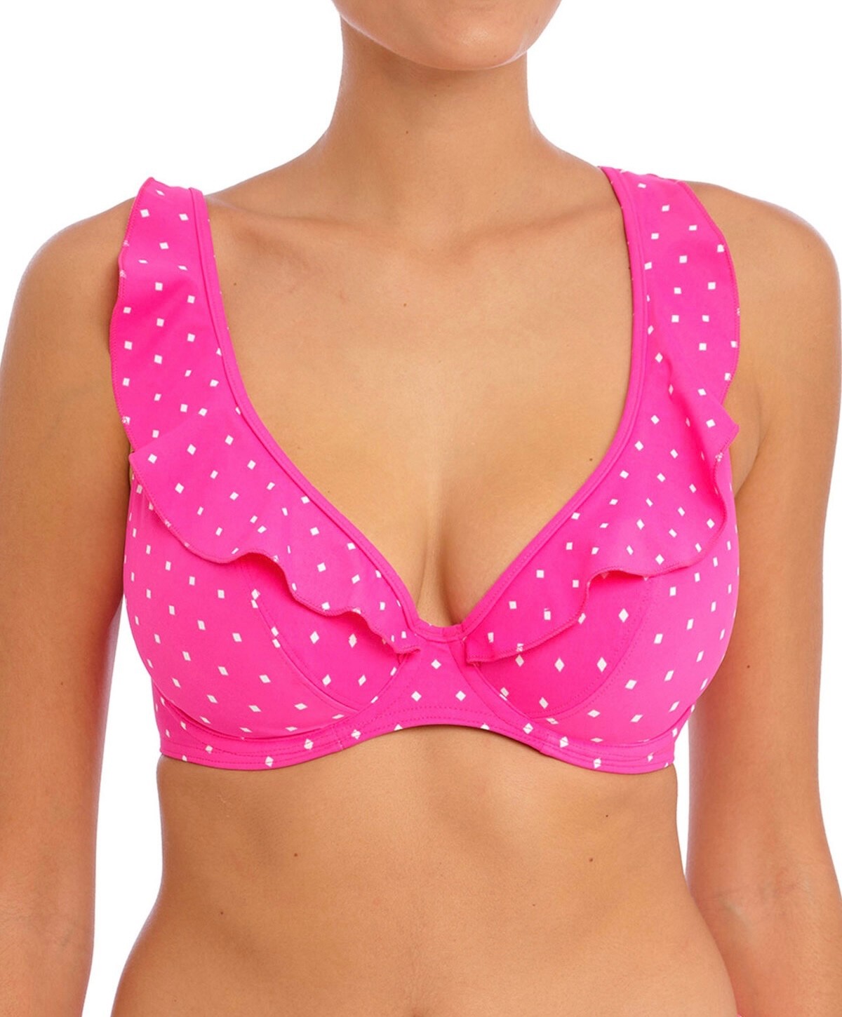 Freya Jewel Cove Bikini Top Pink White Size 34HH High Apex Plunge Frilled 7230