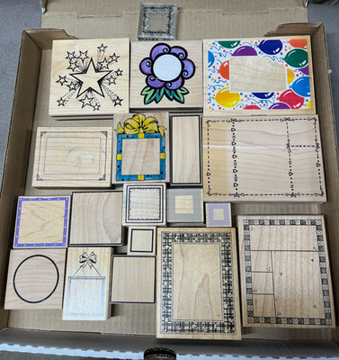 Lot of 19 Misc. Wood Mounted Rubber Stamps Miscellaneous Borders Frames Shapes