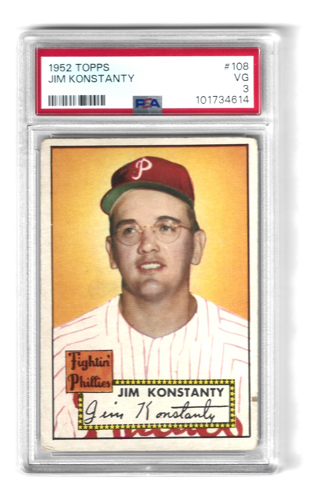 1952 Topps Baseball #108 Jim Konstanty PSA 3 Red Back