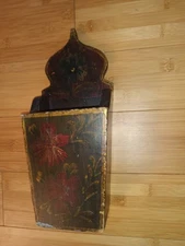 Antique Painted Wooden Wall Pocket Primitive Hanging Box Letters Candle Folk Art