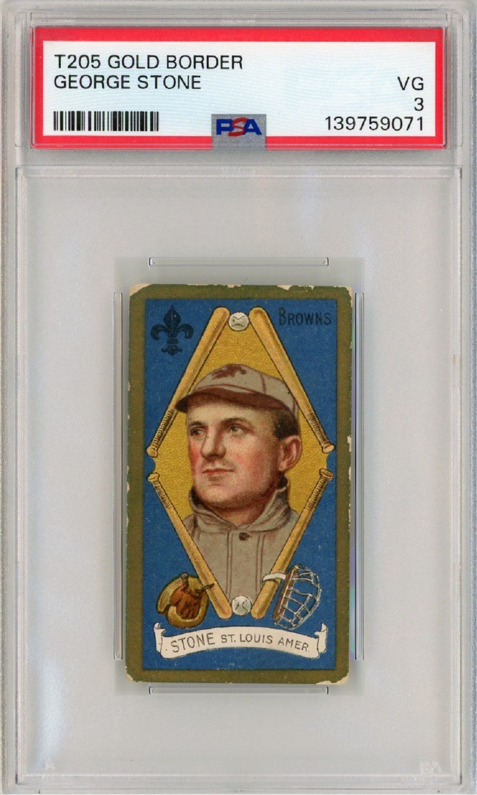 T205 1911 GEORGE STONE - ST. LOUIS BROWNS - SWEET CAPORAL BACK 0 PSA 3