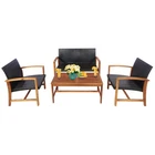 4PCS Outdoor Patio Rattan Furniture Set Acacia Wood Frame Sofa Loveseat Garden