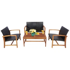 4PCS Outdoor Patio Rattan Furniture Set Acacia Wood Frame Sofa Loveseat Garden