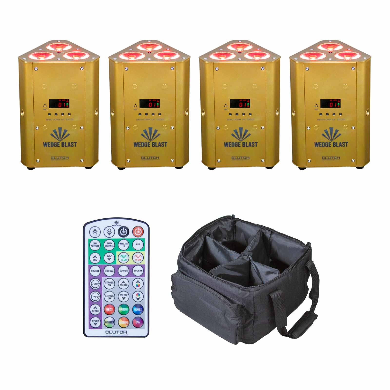 Gold Wireless LED DMX DJ Battery Powered Stage Venue Uplights 4-Pack w Bag