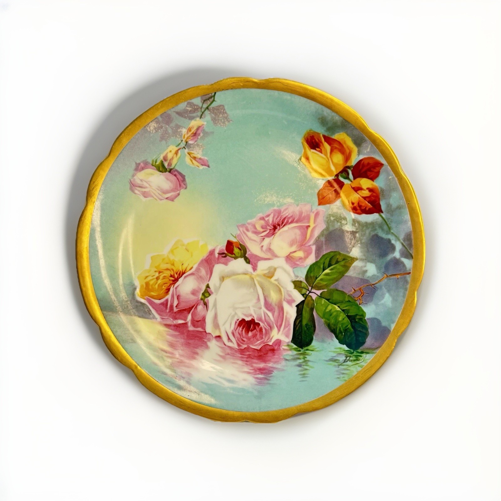 Superb Coronet Limoges France Duval Hand Painted Reflecting Water & Roses Gilt