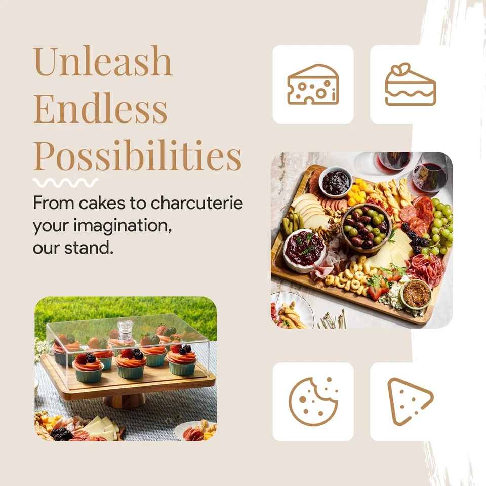 Soporte para Pasteles de Madera de Acacia con Tapa - Soporte para Pasteles Rectangular, Pestaña de Postre 2 en 1... Foto 2 de 4