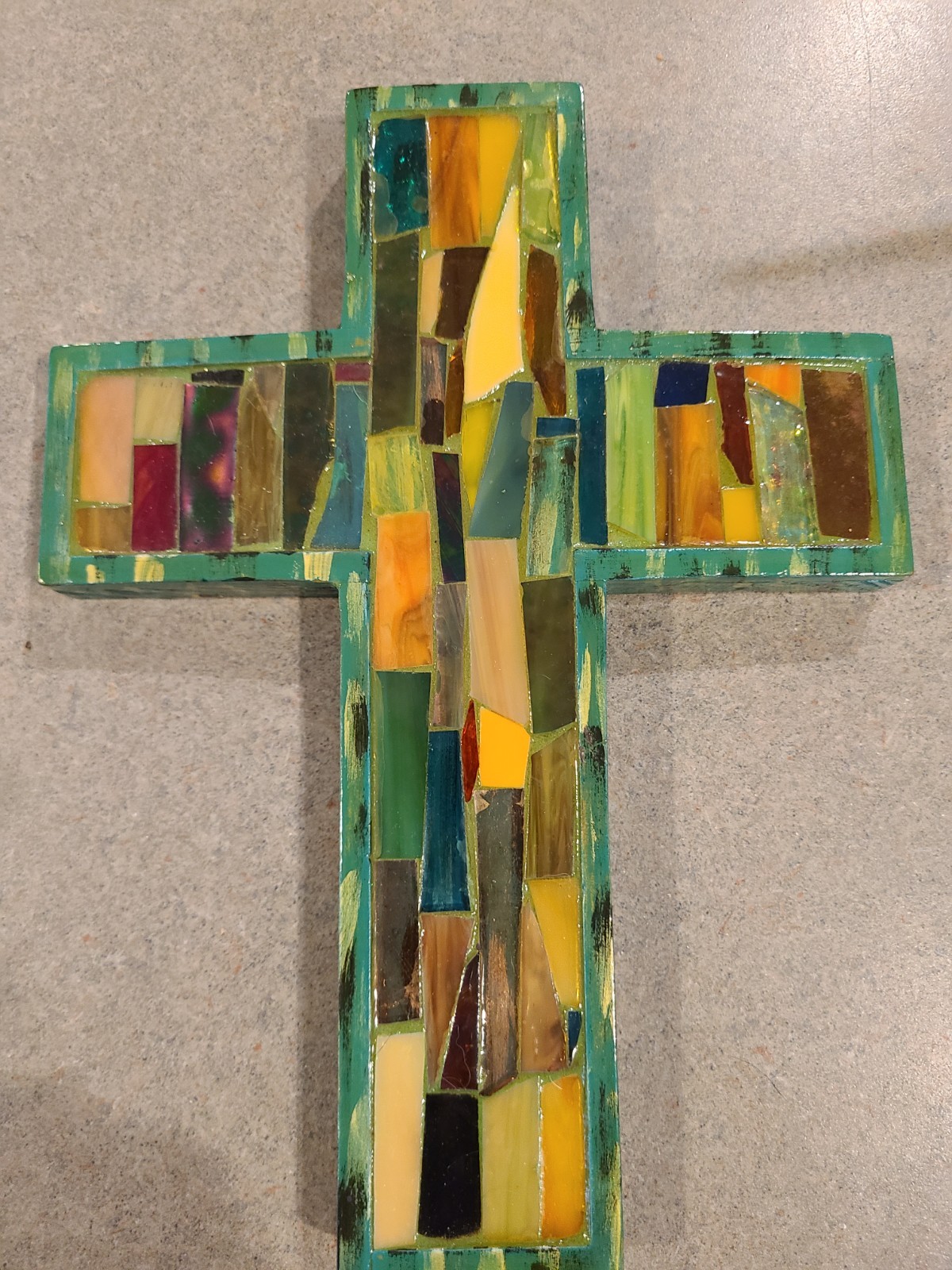 Stained Glass Mosaic Cross Signed Folk Art Hand Made