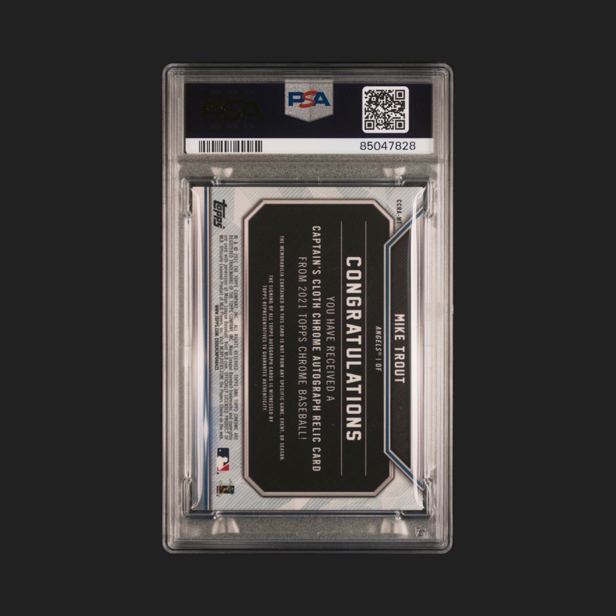 2021 TOPPS CHROME CAPTAIN'S CLOTH RELICS MIKE TROUT /99 PSA 9 AUTO 10 RLC-AU view 2