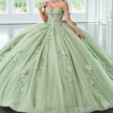 Mint Green Shiny Quinceanera Dress with Floral Lace Crystal Bow Sheer Ball Gowns