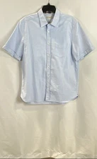 Burberry Brit Men Blue Solid Cotton Short Sleeve Shirt Button Front XL