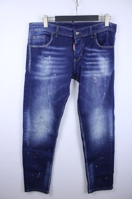 Dsquared2 Blue Splatter Cotton Distressed Tapered Button Fly Denim Jeans Size 50