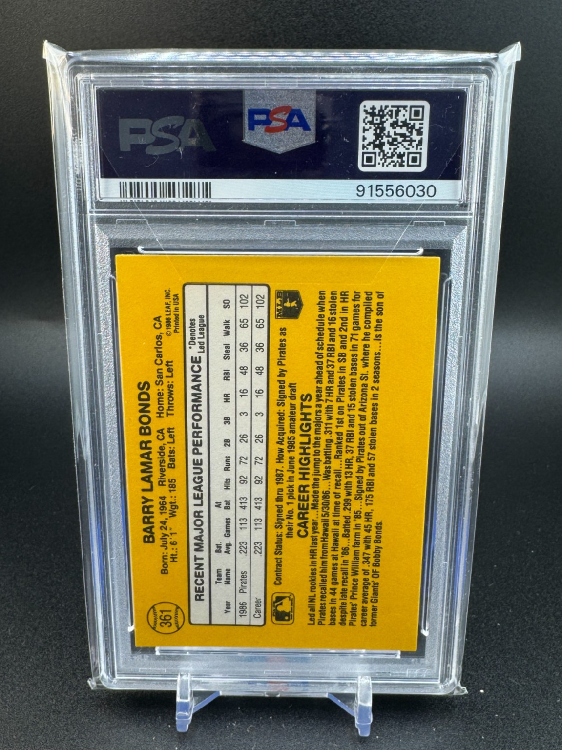 Barry Bonds 1987 Donruss Rookie #361 PSA 9 view 2
