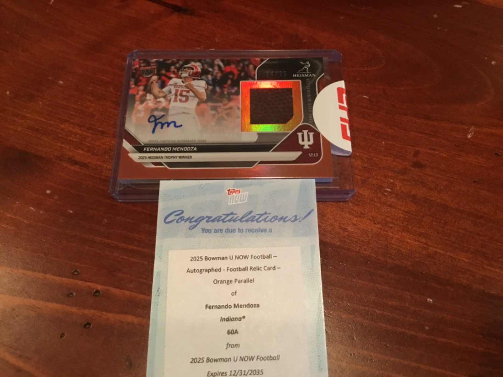 Fernando Mendoza 2025 Bowman U Now Orange /25 Football game used Auto card #60A view 2