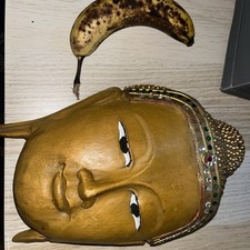 Vintage Wooden Buddha Head Mask Wall Sculpture Carving 