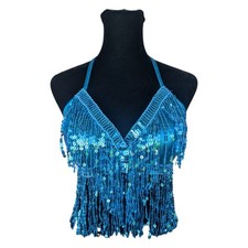 Aqua Polyester Blend Halter Bra Top Womens Sequin Fringe Sz XS-M