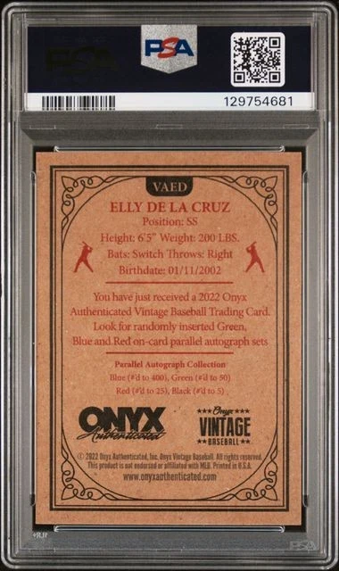 2023 Onyx Vintage Elly de la Cruz Green Ink Autograph /50 PSA 8 - Image 2 of 2