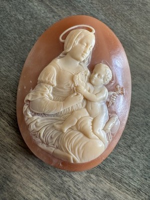 Antike Viktorianische Muschel Kamee Camée Gemma Madonna mit Kind  Mutterliebe 