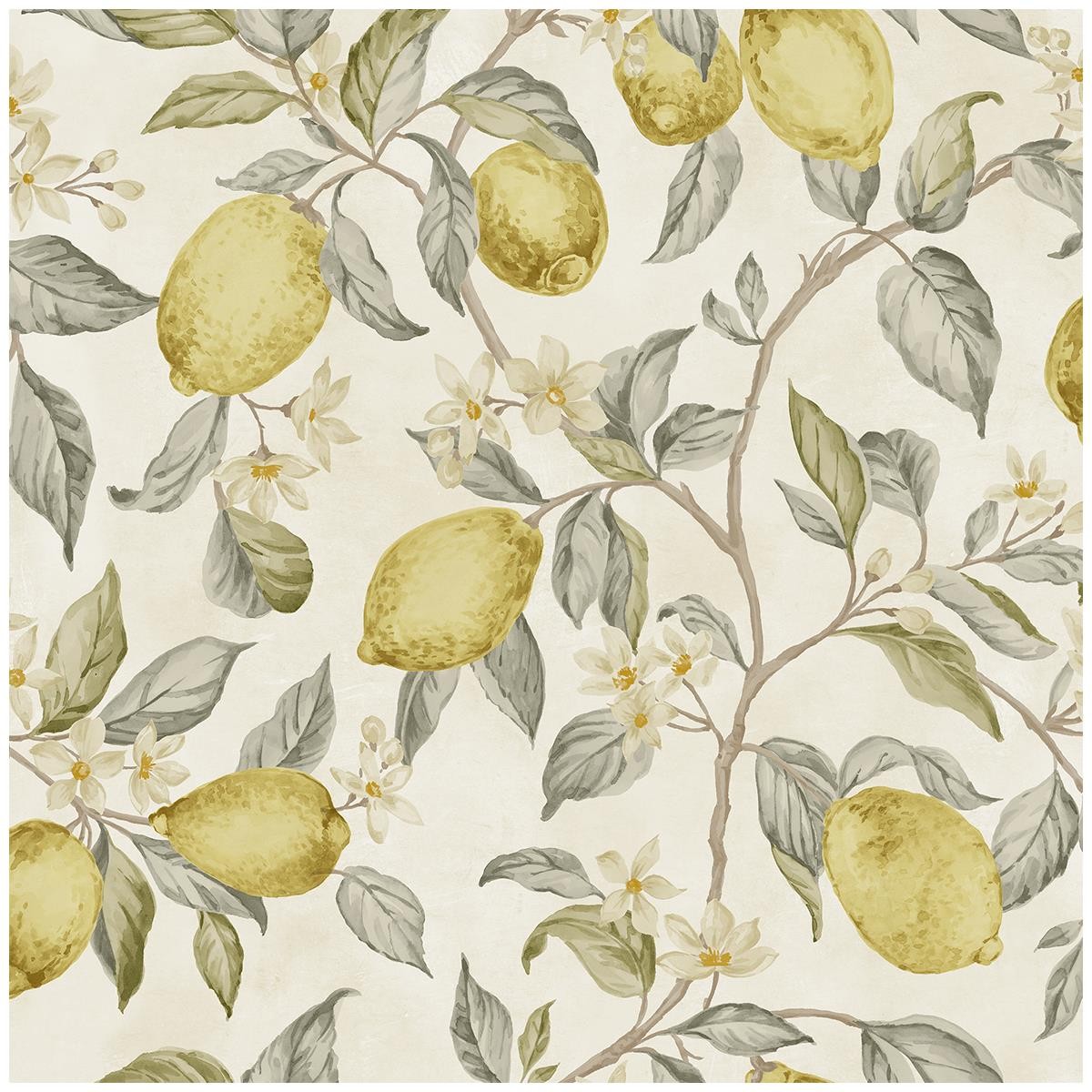 Amalfi Wallpaper Lemon Tree Leaves Yellow Green Cream Natural Botanical Grandeco