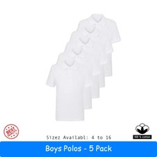 Boys 5 Pack Polo Shirts Stay White Age 3 to 16 100% Cotton School Uniform