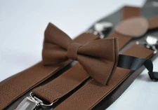 Toffee Brown Cotton Bow Tie + Matched Elastic Suspenders Braces for All Ages