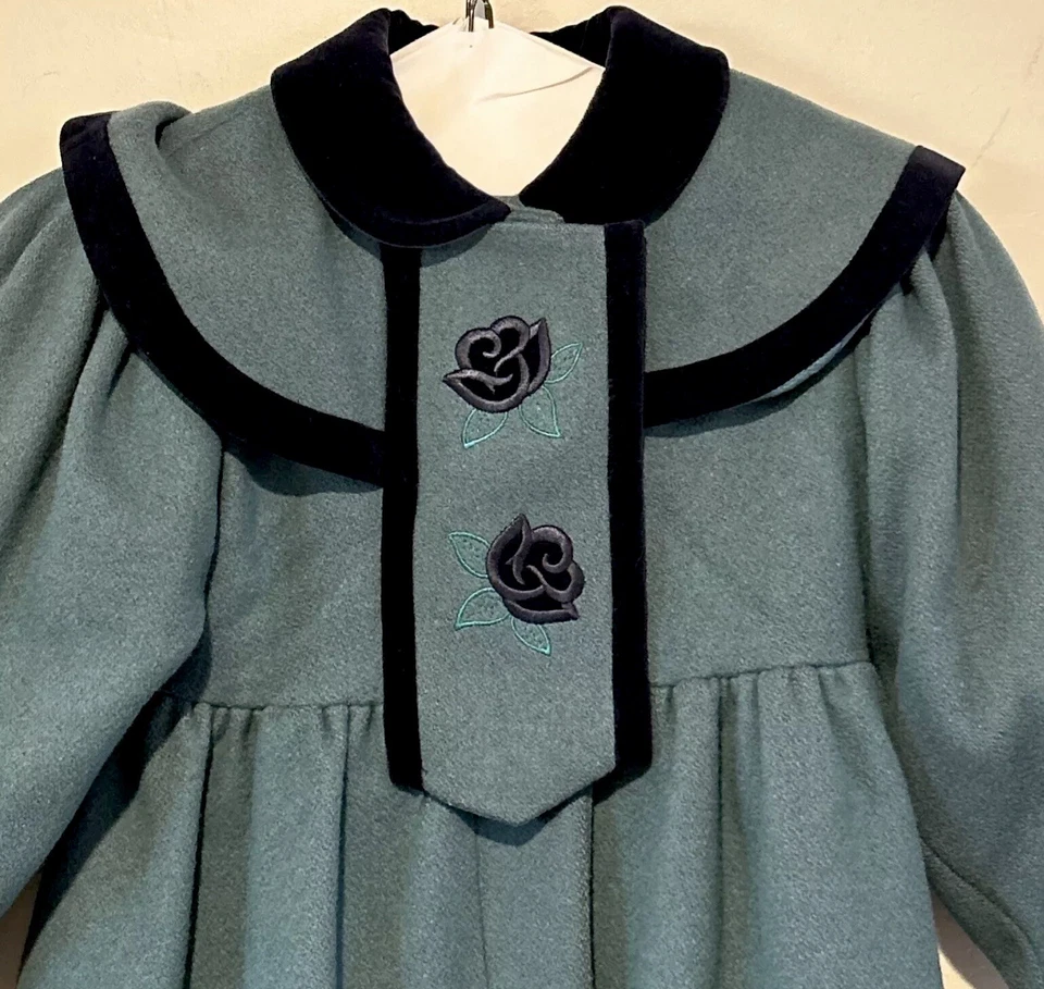 Abrigo de vestir Rothschild niñas 6 mezcla de lana verde con terciopelo bordado vintage Foto 2 de 4