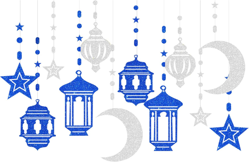 Blue-Silver Ramadan Star-Moon Party-Decorations Garland - 12Pcs Twinkle Little S - Picture 12 of 12