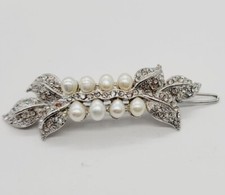 Crystal  Faux Pearls Barrette Silver-Toned Leaf 2.75" X .5" Wedding Bridal