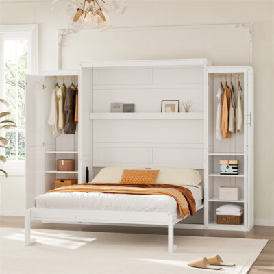Murphy Bed Full Size Foldable Platform Bed with 2 Wardrobe & Storage Shelves