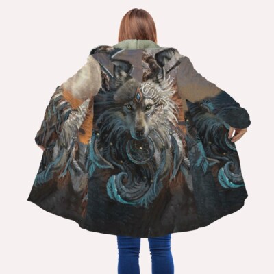 Tribal Native Wolf Native American All Over Printed Hooded Cloak Coat