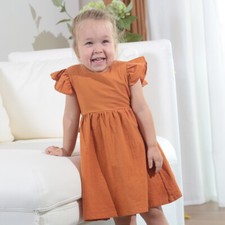 Summer Girl Cotton and Linen Solid Color Cute and Elegant Bow Princess Dress