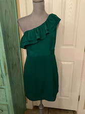 FOREVER 21,  GREEN,  RUFFLED,  ONE SHOULDER,  LINED,  SHEATH DRESS,  M