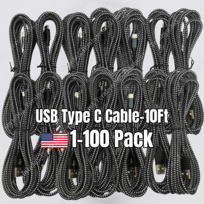 10Ft Braided USB Type C Fast Charge Cable Data Cord For iPhone 15 16 Samsung Lot