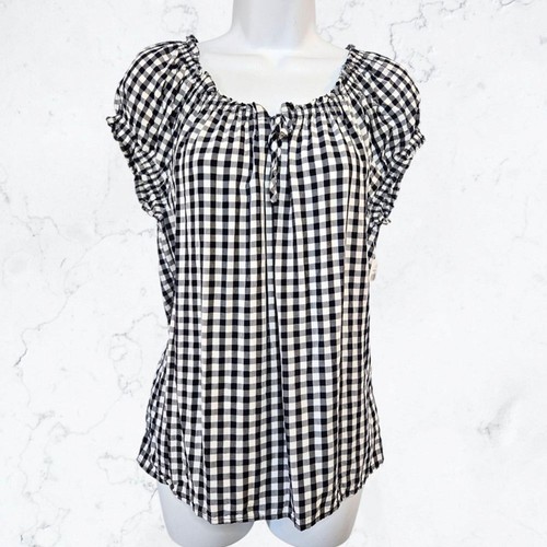 New Old Navy Black & White Checkered Gingham Short Sleeve Blouse Top sz S