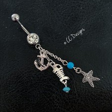 Anillo de ombligo con cuentas azules ancla con cáscara de pez blanco brillante 14 g circonita (B225)