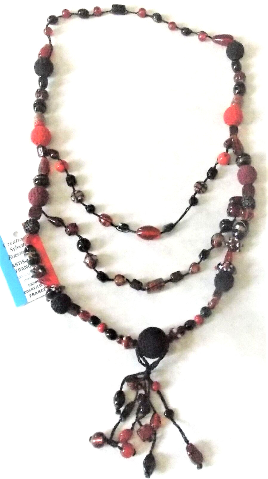 Collier sautoir création S Raisonnier pampille double plastron noir et rouge pour femme