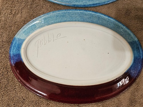 CLYDE GOBBLE POTTERY HANDMADE RED BLUE OVAL PLATES SIGNED 12" EXCELLENT SET OF 4 - Picture 5 of 9