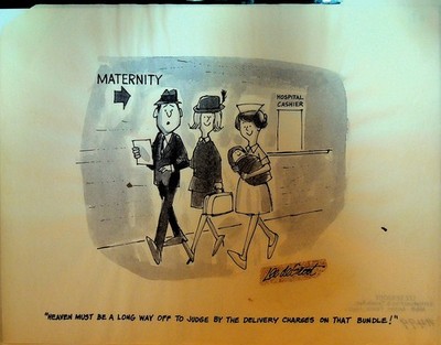Lee DeGroot Original Art Gag Maternity Ward Baby Delivery Charges Heaven