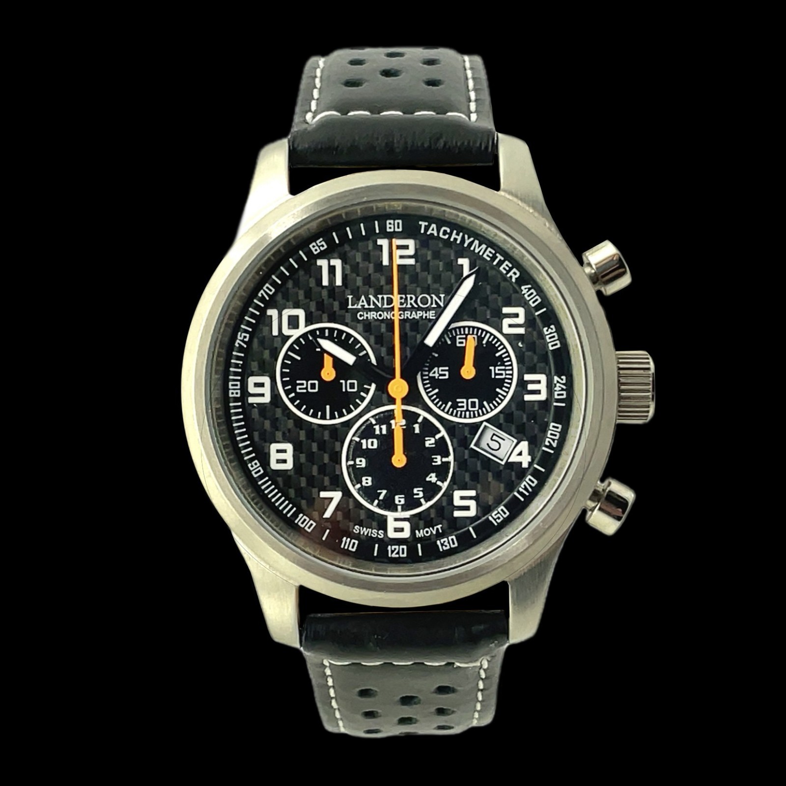 Chronographe Landeron montre homme acier sport orange quartz suisse Ronda 5040D