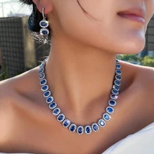 Blue Oval Dangle Earrings Tennis Necklace Set Silver Plated CZ Tanzanite Jewelry