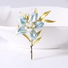 Blue Enamel Rhinestone Flower Brooch Pearl Plant Leaf Pin Summer Gift Jewelry