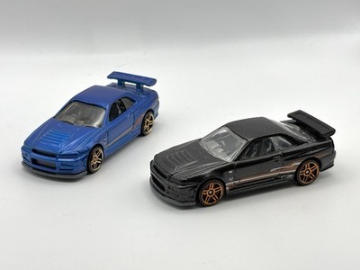 Hot Wheels 2x '99 Nissan Skyline GT-R R34 in Blau und Antrahzit 3inch 1/64 TOP