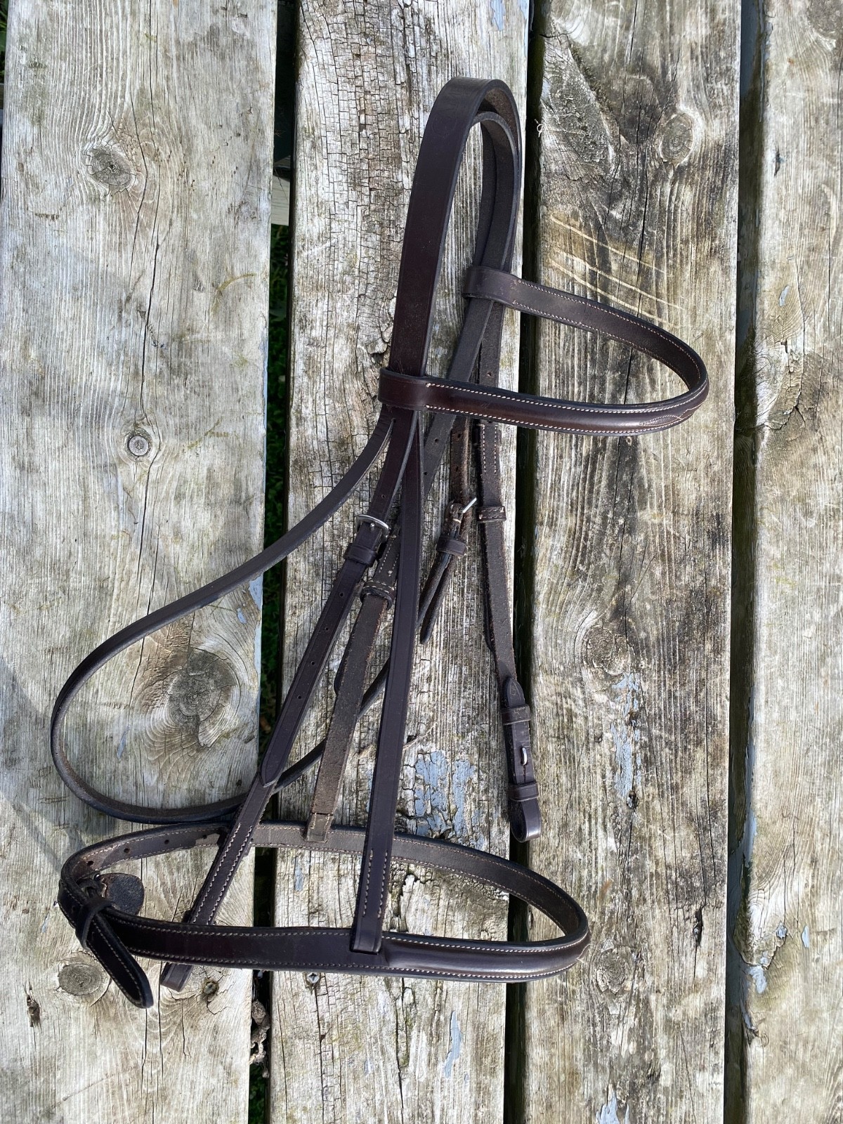 Used Camelot Gold fancy stitched English headstall & caveson horse size VGC