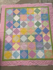 Reversible Quilted Patchwork Quilt Throw Multicolor Pink Green Border 59x66