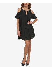 KENSIE Womens Black Pleated Cold Shoulder Keyhole Mini Shift Dress 4