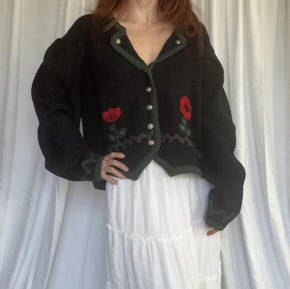 Vintage Austria Wool Navy Blue Embroidered Cardigan Sweater - Image 3 of 4