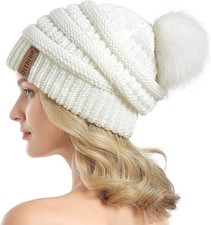 Women Knit Slouchy Beanie Chunky Baggy Hat with Faux Fur Pompom Winter Soft W...